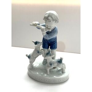 E R Western Germany Porcelain Boy Playing Flute Two Goats Figurine Vintage